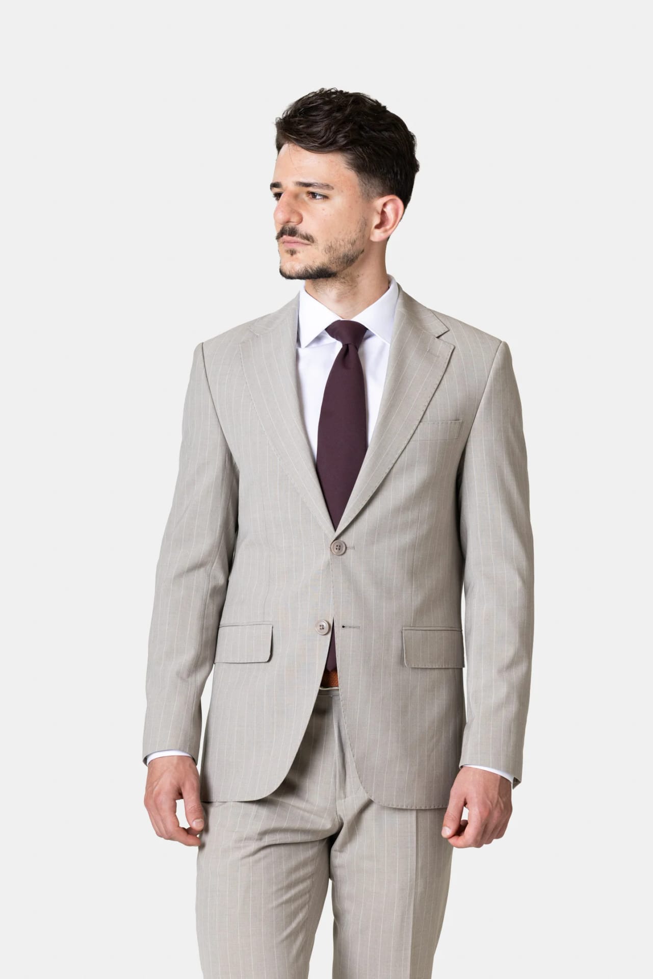 Costum Bej cu Dungi Fine din Lână 54, imaginea 3