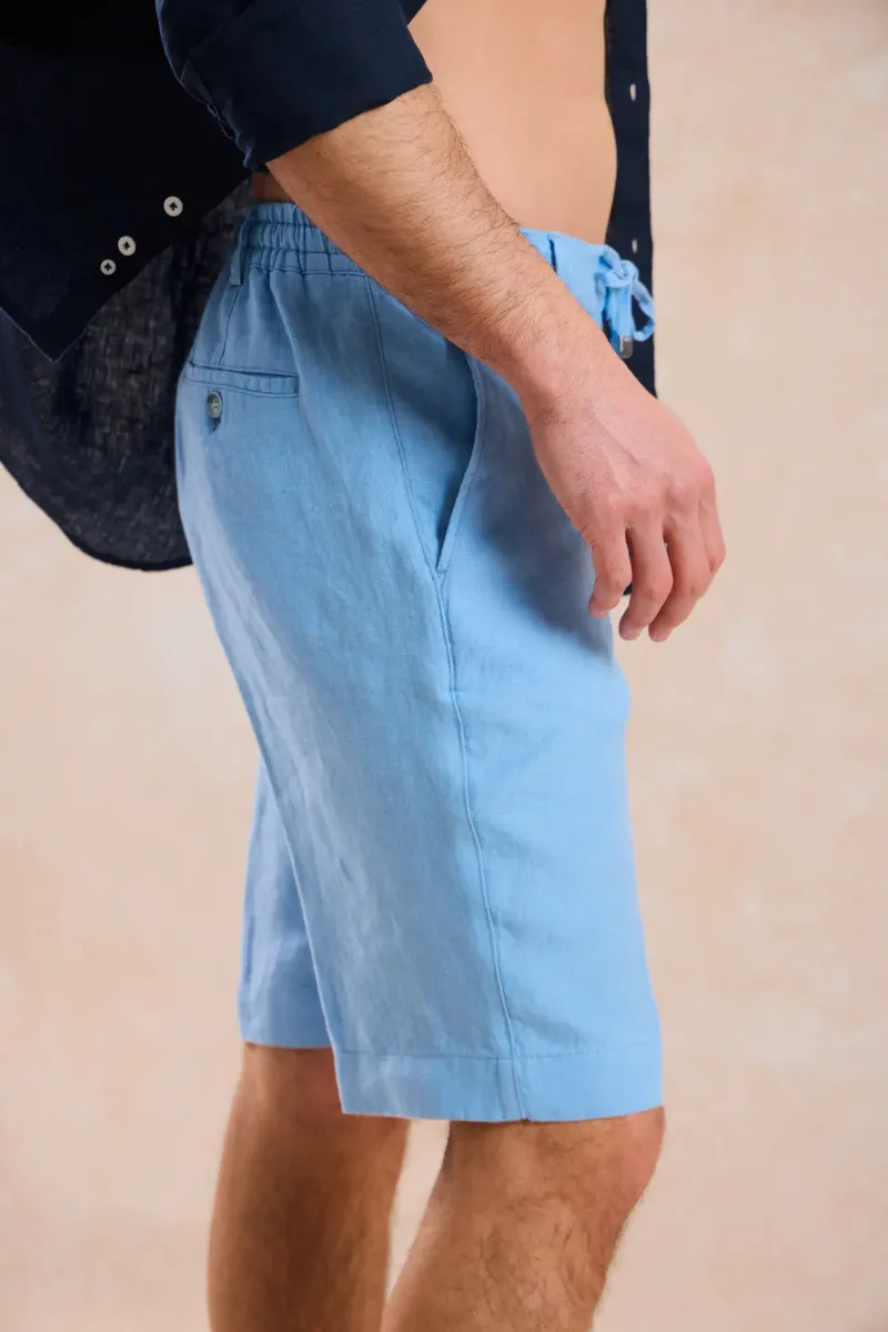 Pantaloni Scurți Albaștri din In cu Talie Elastică 32