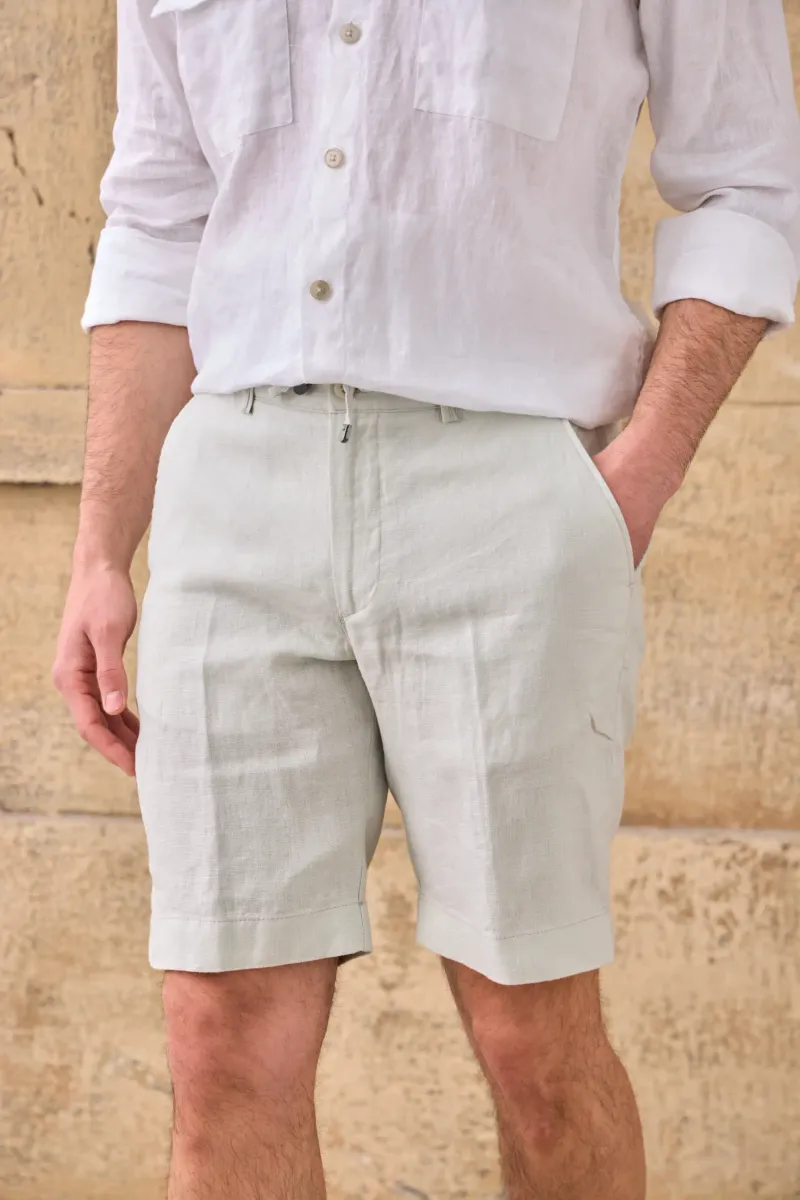 Pantaloni Scurți Bej din In cu Talie Elastică 38
