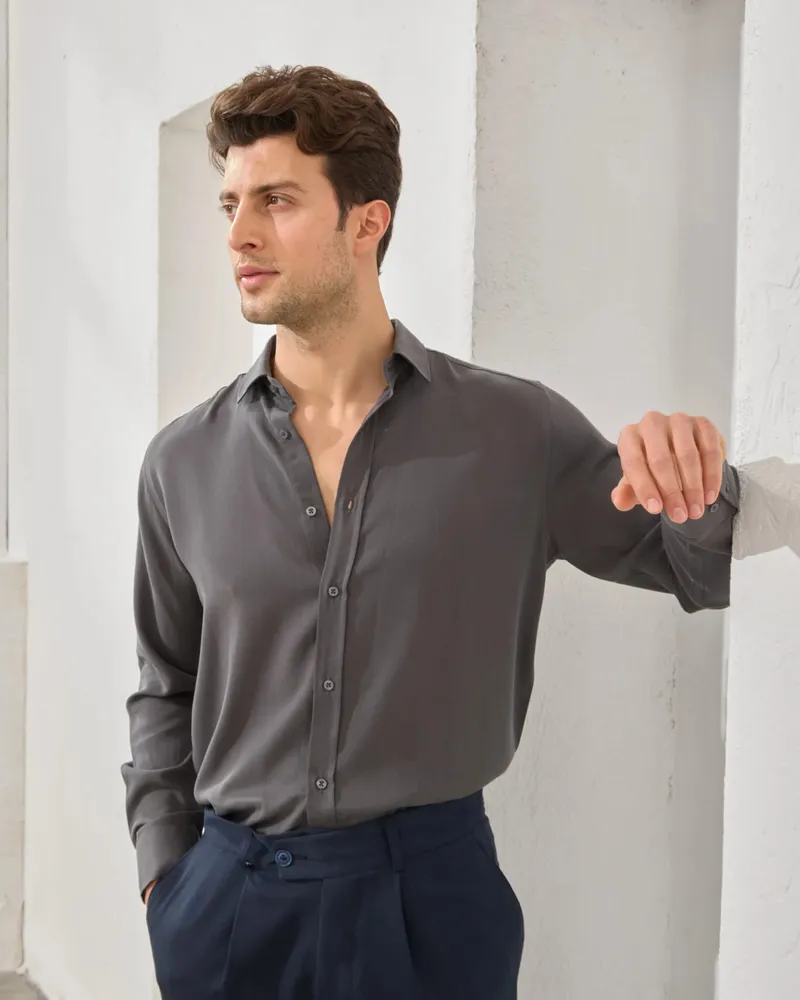 Cămașă Antracit Regular Fit din 100% Tencel pentru Bărbați XXL