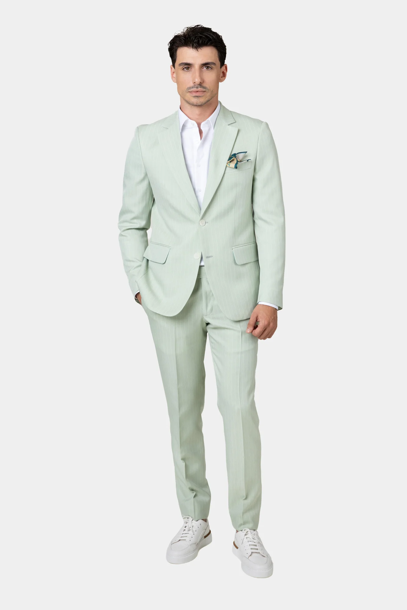 Costum Verde Mentă cu Dungi Fine din Lână 52