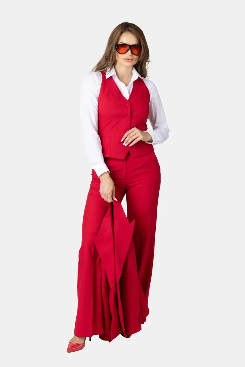 Costum Roșu cu Vestă din Lână pentru Femei 36 - imagine 2