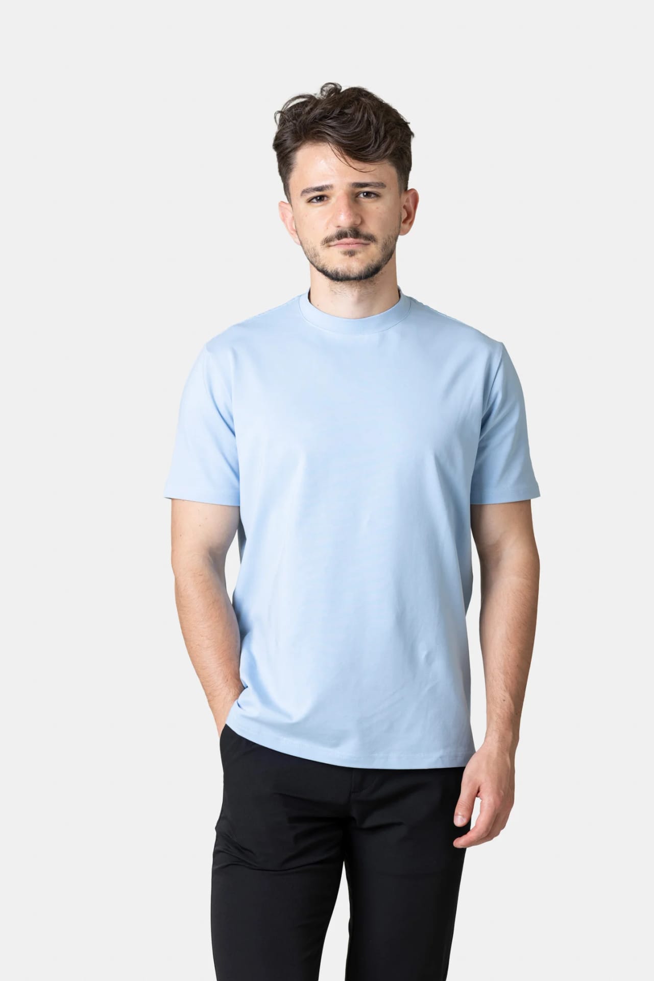 Tricou Basic din Bumbac Albastru Deschis M