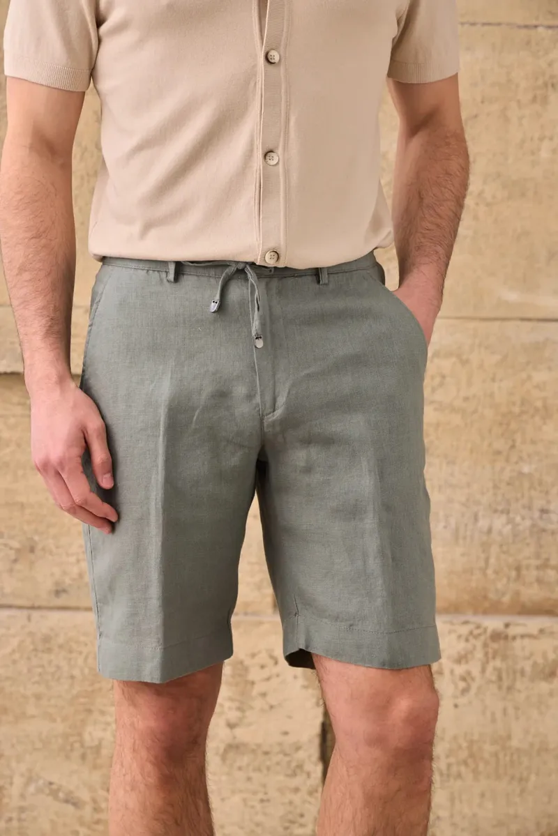 Pantaloni Scurți Kaki din In cu Talie Elastică M