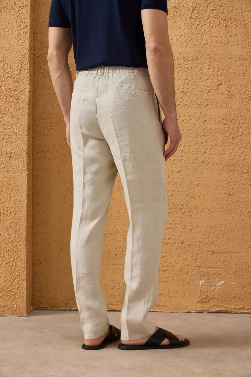 Pantaloni Bej din In cu Pliuri Duble 36 - imagine 2