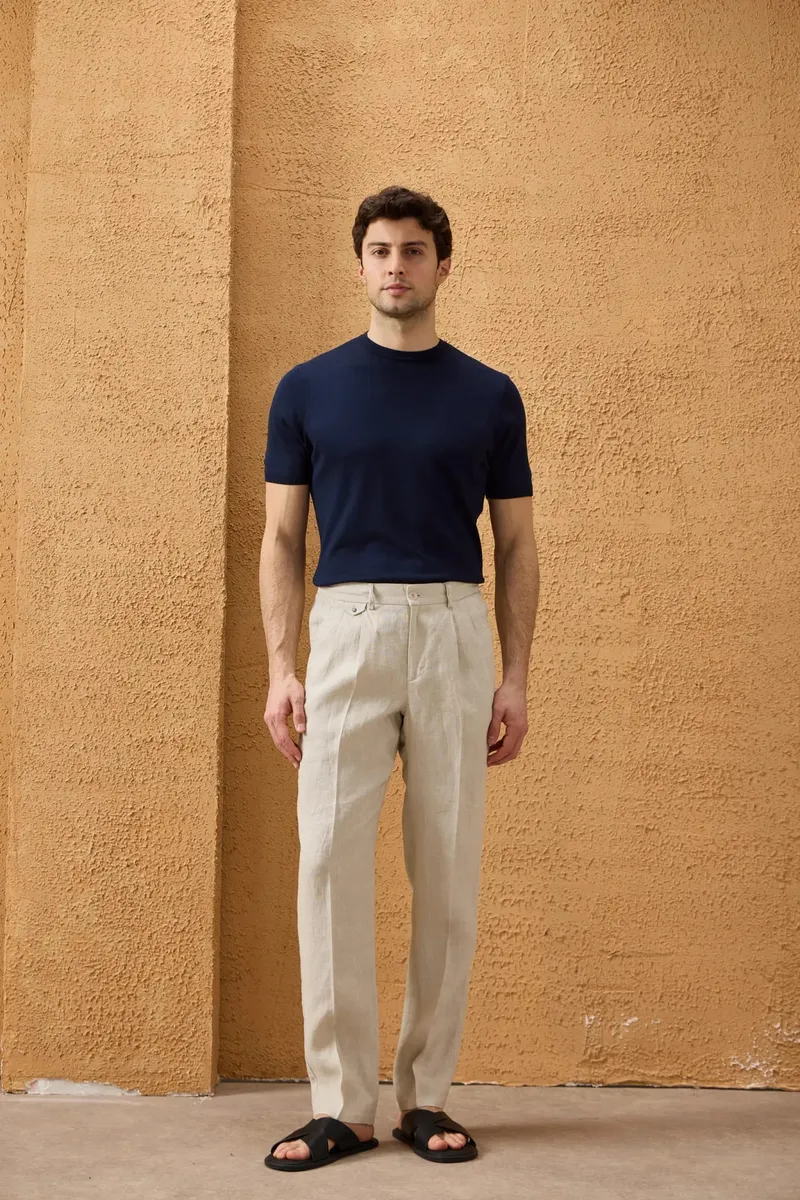 Pantaloni Bej din In cu Pliuri Duble 36 - imagine 4