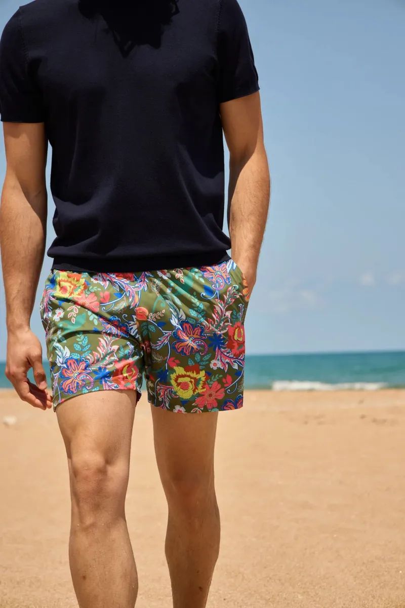 Șort de Baie Verde cu Print Floral Flex L
