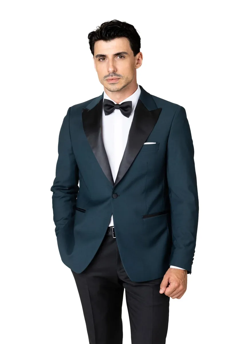 Costum Verde Petrol cu Rever Satinat din Lână 48 - imagine 3