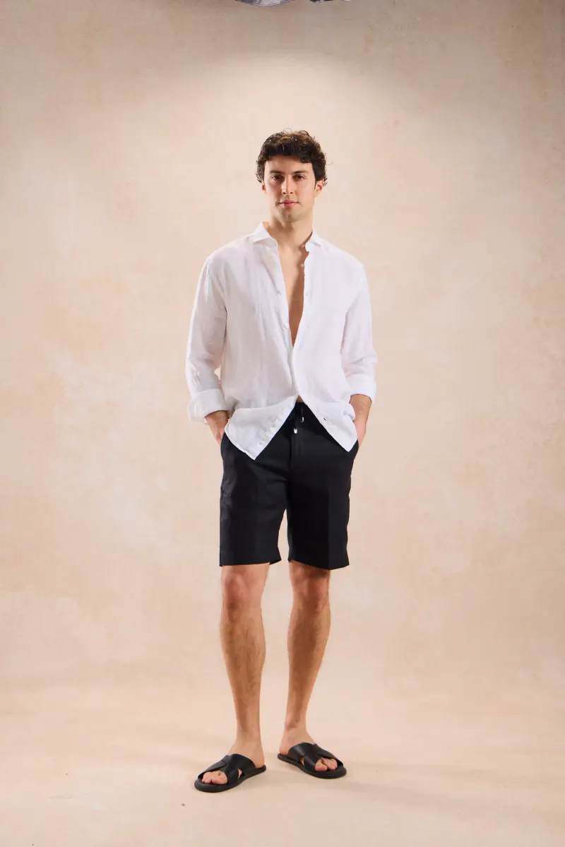 Pantaloni Scurți Negri din In cu Talie Elastică L - imagine 3