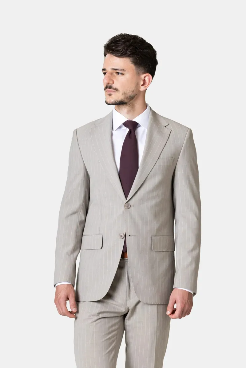 Costum Bej cu Dungi Fine din Lână 48 - imagine 3