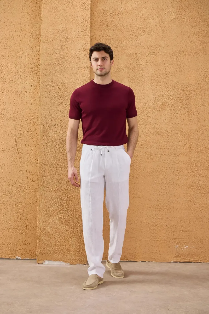 Pantaloni Albi din In cu Pliuri Duble 38 - imagine 3
