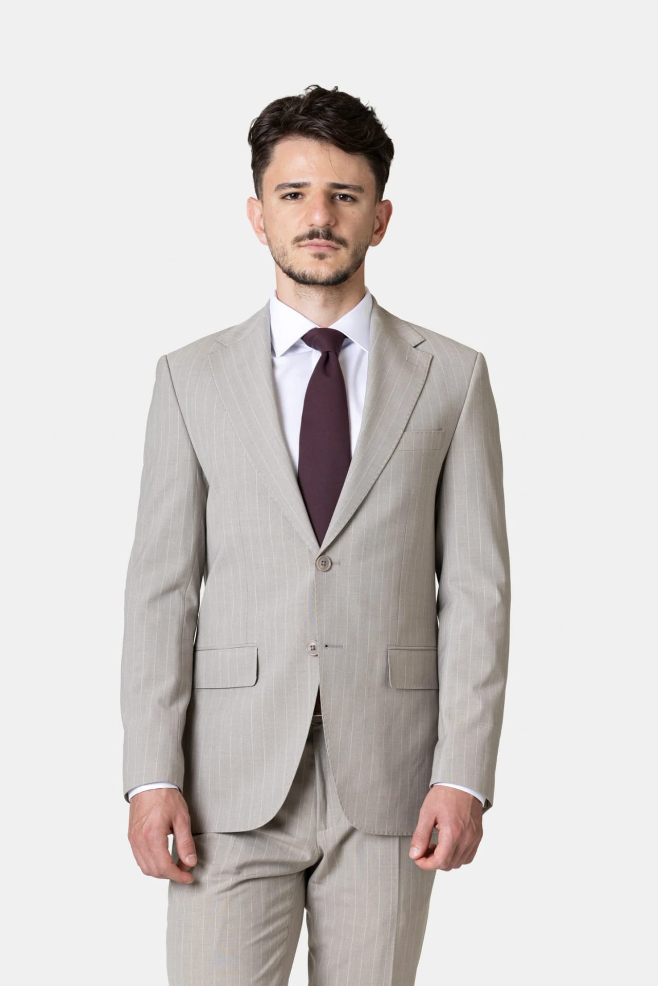 Costum Bej cu Dungi Fine din Lână 52, imaginea 2