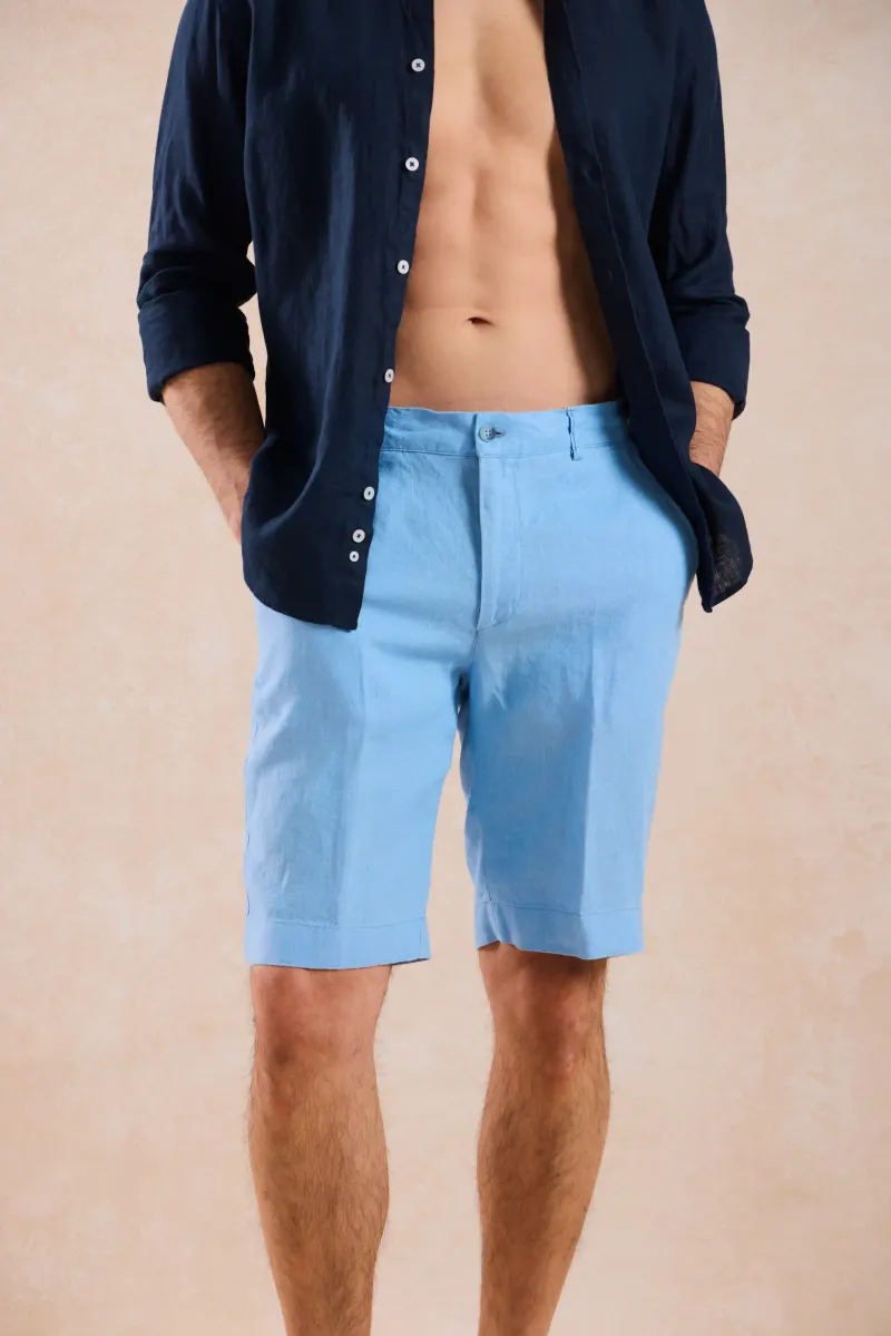 Pantaloni Scurți Albaștri din In cu Talie Elastică 38