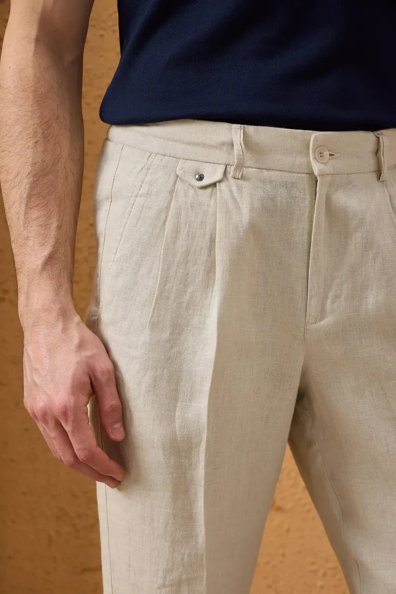 Pantaloni Bej din In cu Pliuri Duble 38 - imagine 3