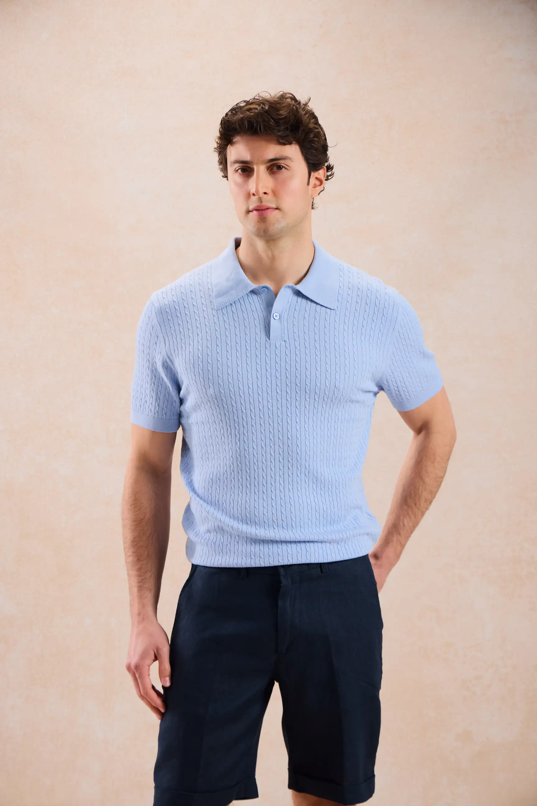 Tricou Tricotat Albastru Deschis cu Guler Polo XL