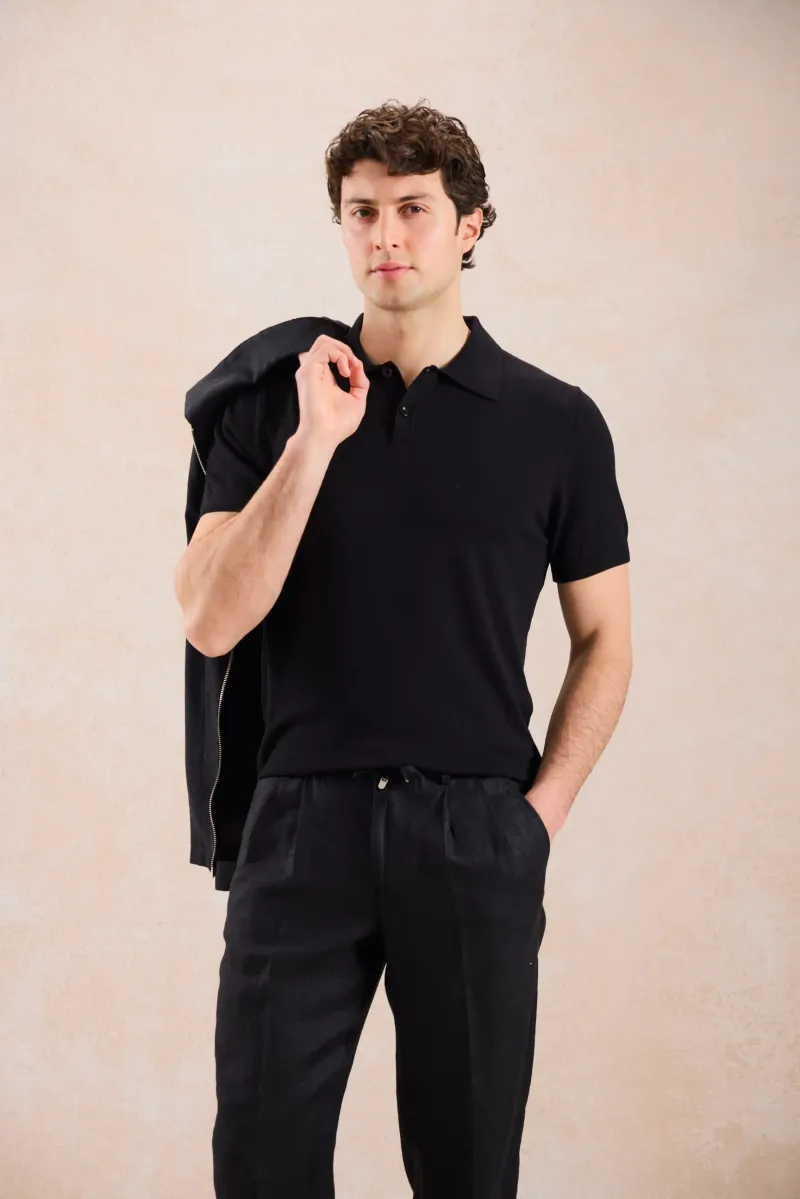 Tricou Polo Negru Tricotat din Amestec de Bumbac M
