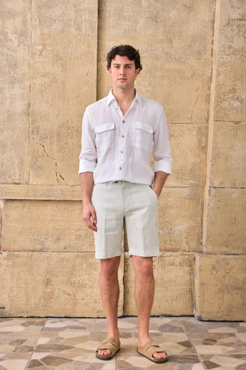 Pantaloni Scurți Bej din In cu Talie Elastică 34 - imagine 3