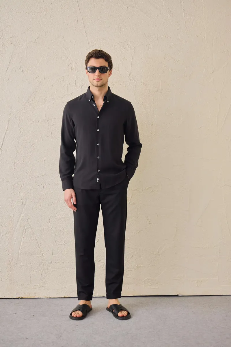 Cămașă Neagră Regular Fit din 100% Tencel pentru Bărbați M - imagine 2