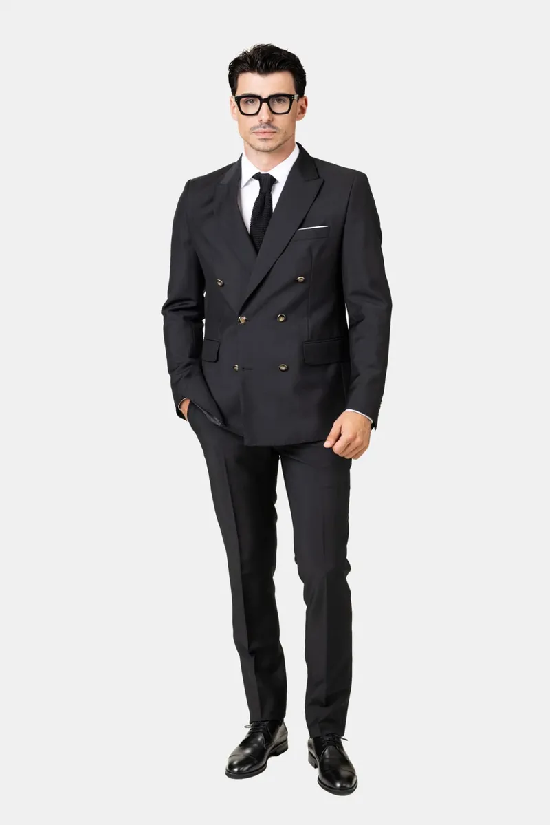 Costum Negru Double-Breasted din Lână cu Nasturi Metalici 56