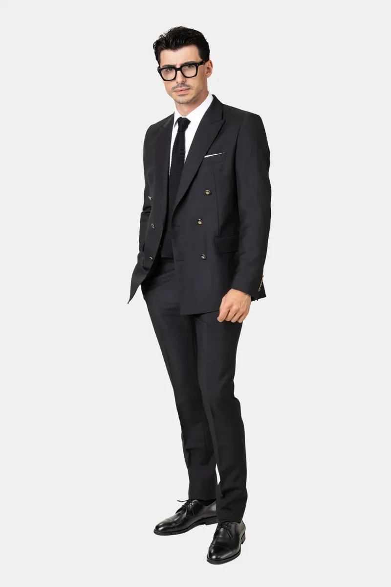 Costum Negru Double-Breasted din Lână cu Nasturi Metalici 52 - imagine 2