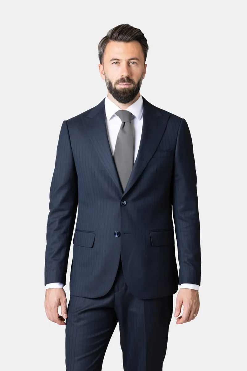 Costum Bleumarin cu Dungi Fine din Lână 50 - imagine 3