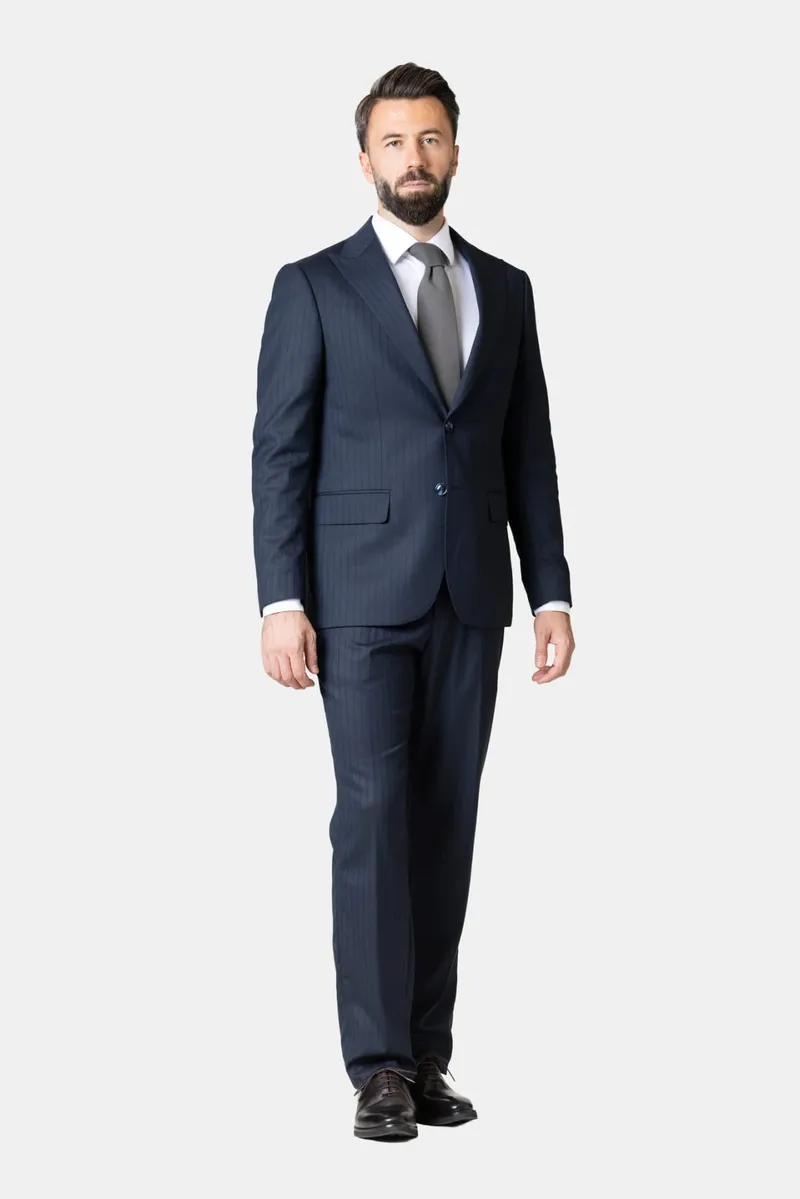 Costum Bleumarin cu Dungi Fine din Lână 50 - imagine 2