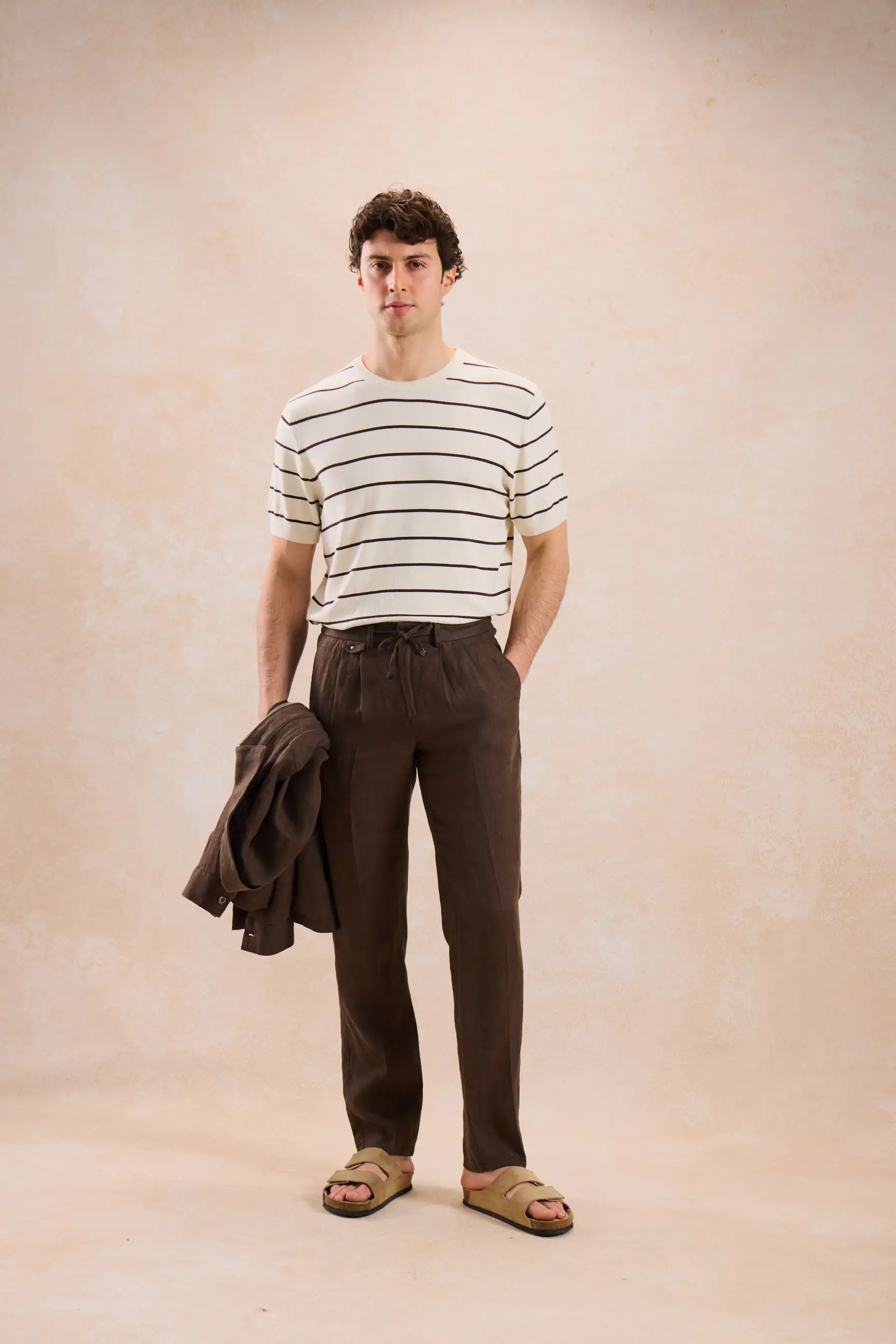 Pantaloni Maro din In cu Pliuri Duble 36, imaginea 2