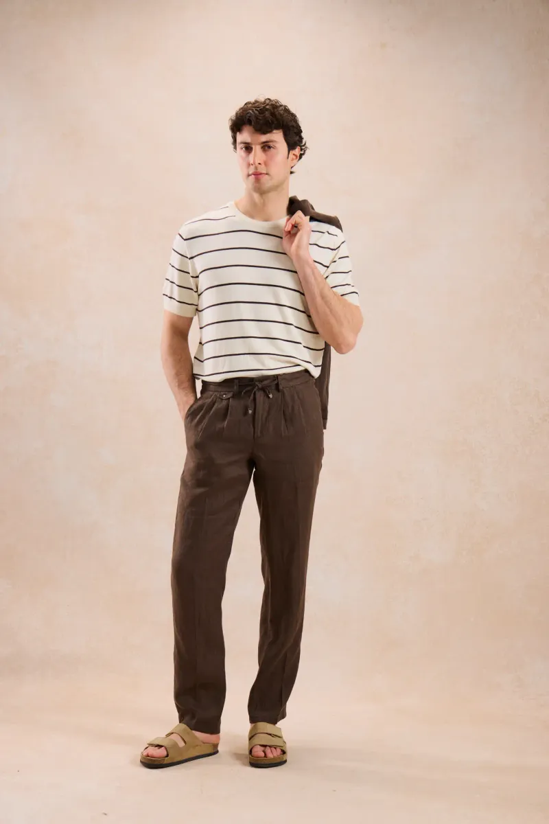 Pantaloni Maro din In cu Pliuri Duble 36