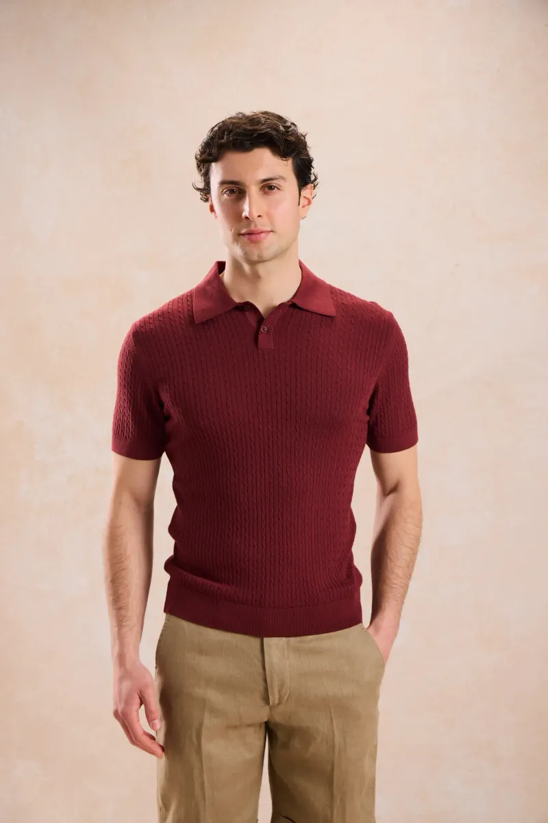 Tricou Tricotat Burgundy cu Guler Polo L