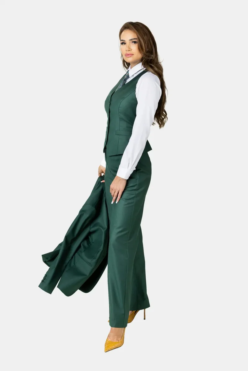 Costum Verde Smarald cu Vestă din Lână pentru Femei 38 - imagine 4