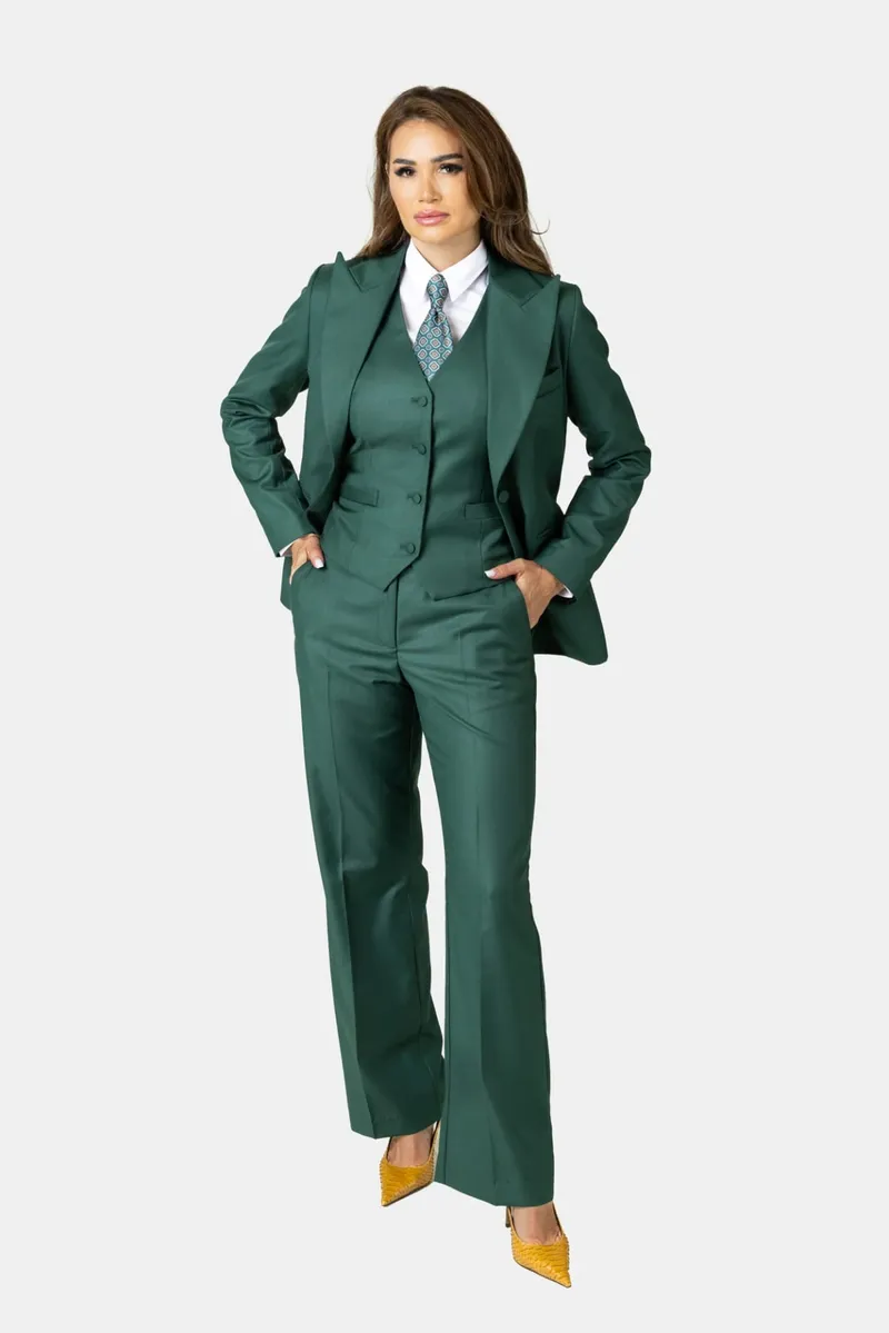 Costum Verde Smarald cu Vestă din Lână pentru Femei 38 - imagine 2