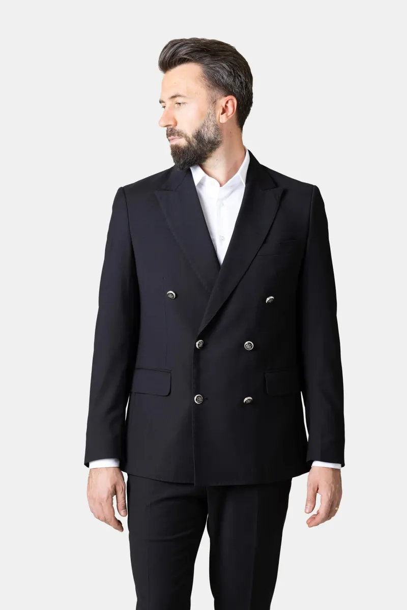 Costum Negru Double-Breasted din Lână 56 - imagine 2