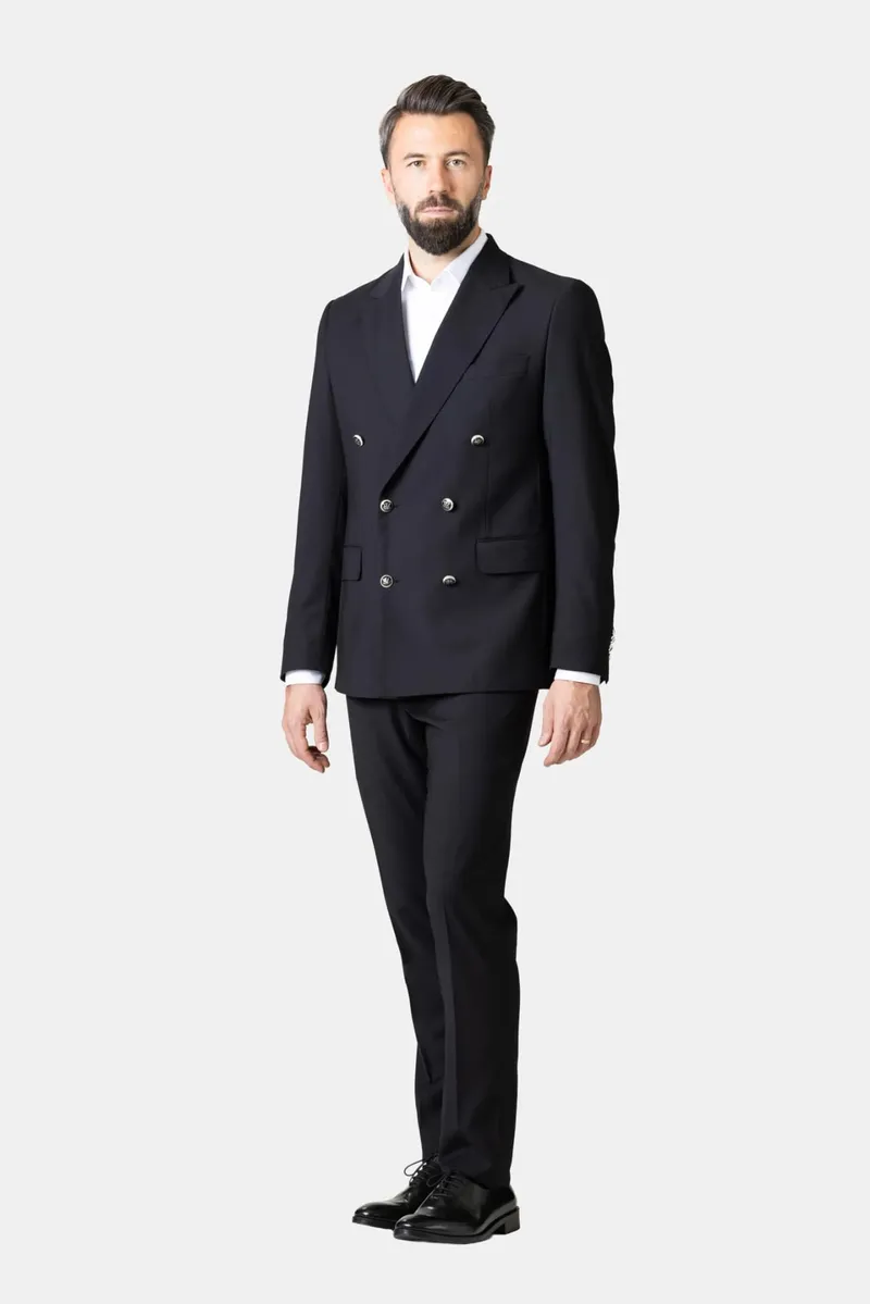 Costum Negru Double-Breasted din Lână 54
