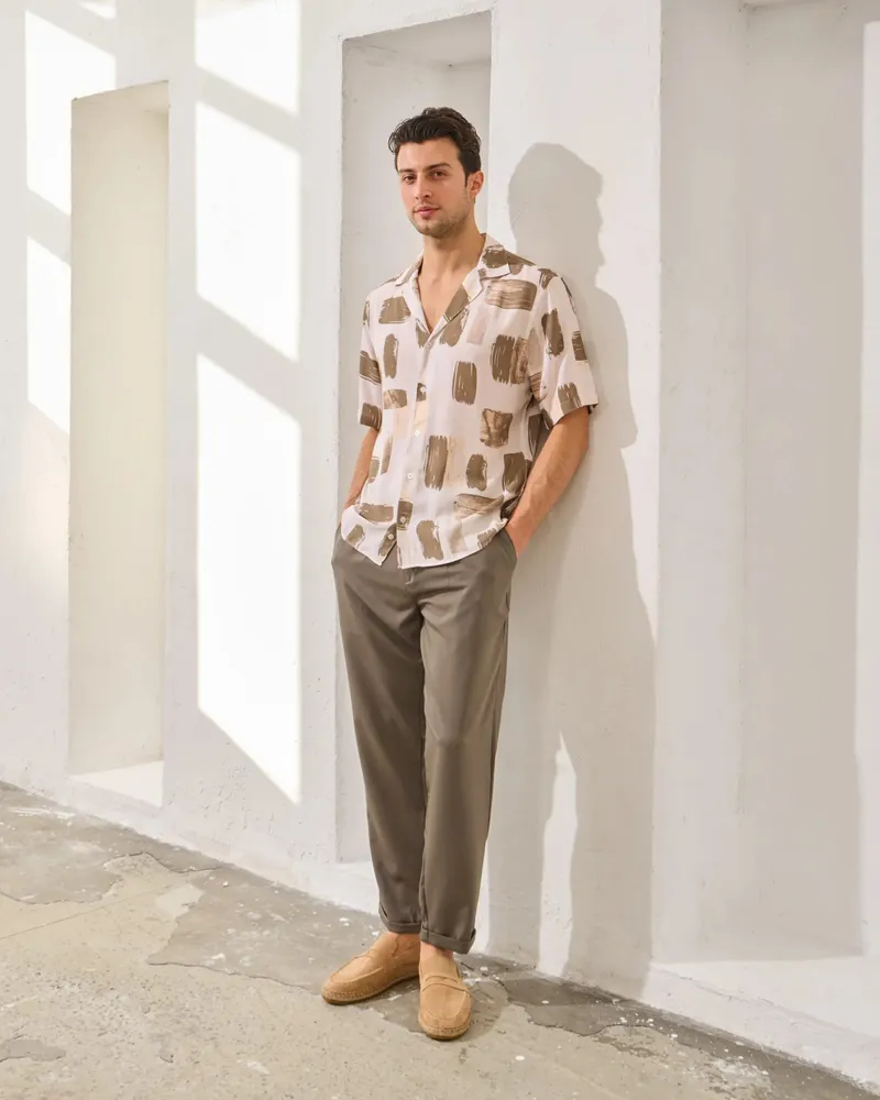 Cămașă Cuban Khaki cu Print Abstract L - imagine 4