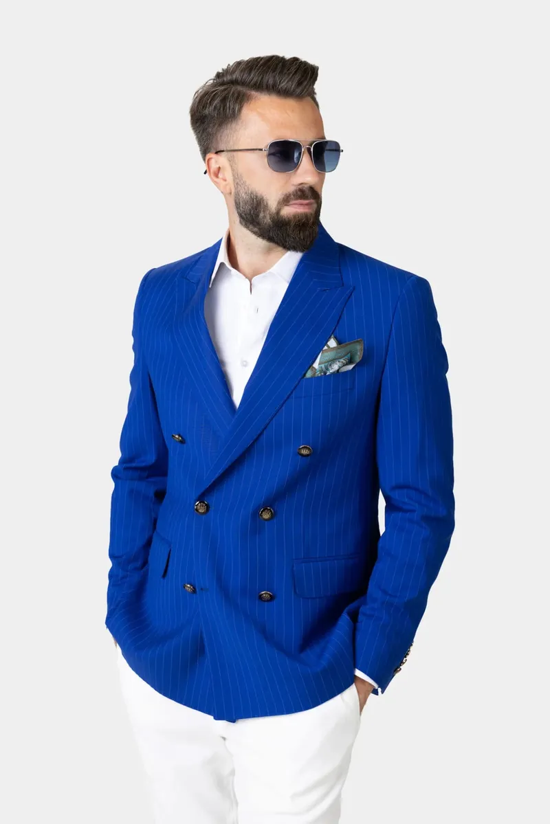 Costum Albastru Regal în Dungi Double-Breasted din Lână 48 - imagine 3