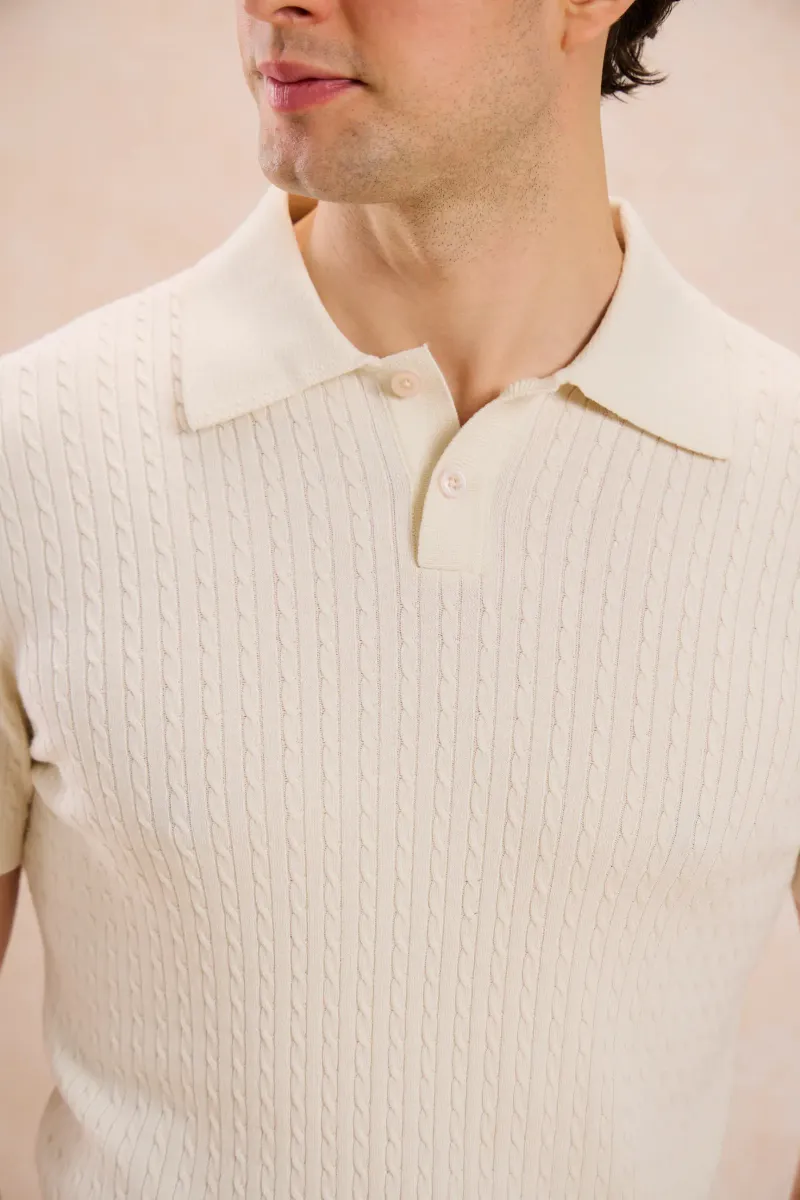 Tricou Tricotat Crem cu Guler Polo L - imagine 3