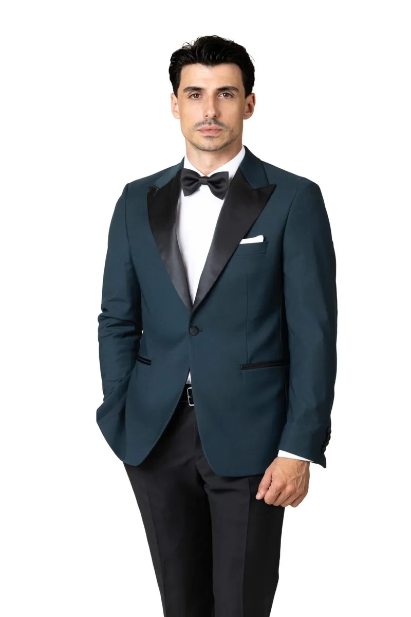 Costum Verde Petrol cu Rever Satinat din Lână 52 - imagine 2