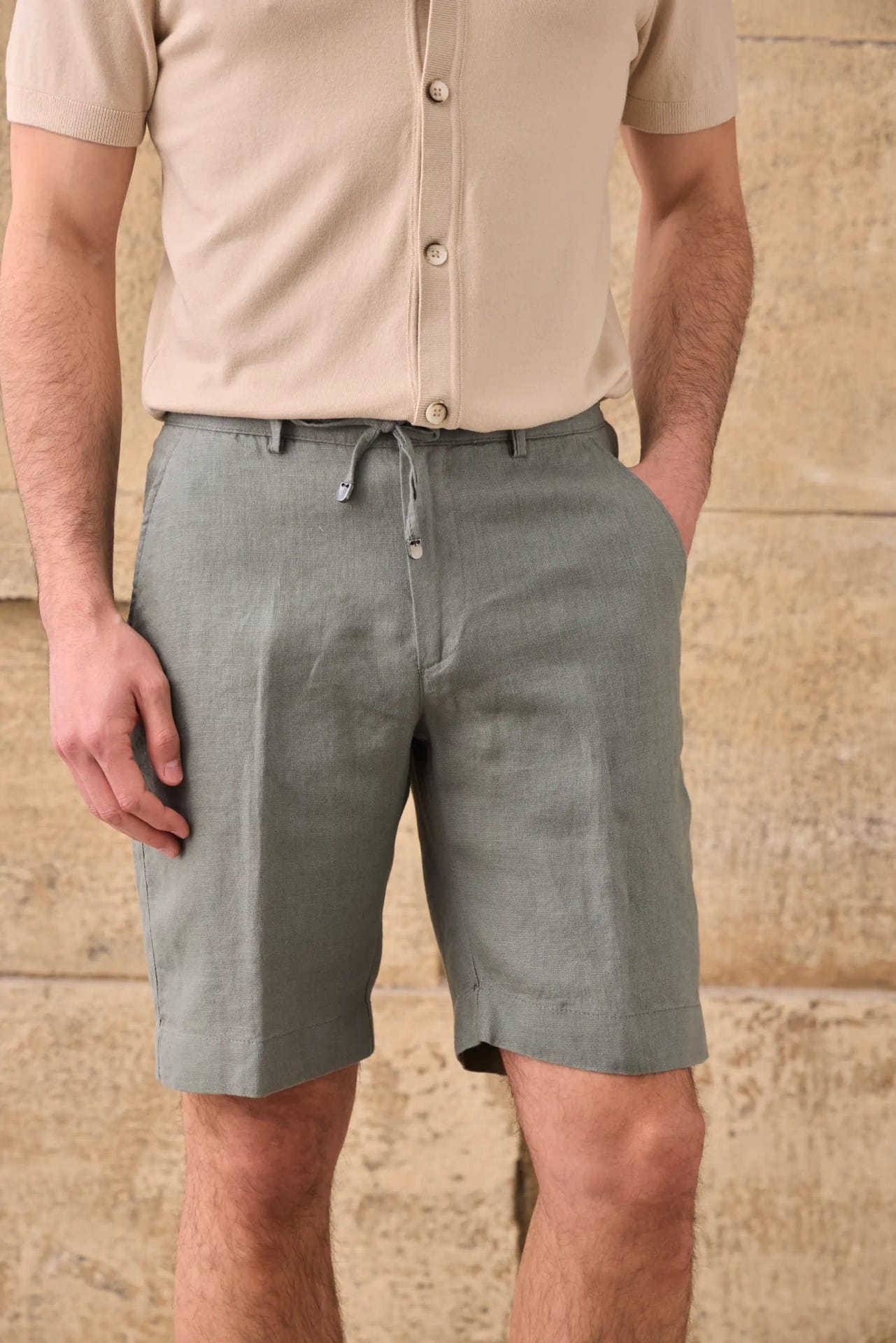 Pantaloni Scurți Kaki din In cu Talie Elastică S