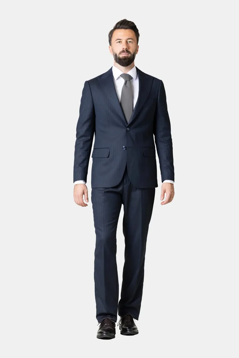 Costum Bleumarin cu Dungi Fine din Lână 48