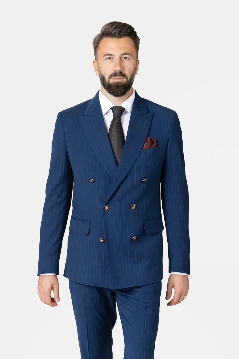 Costum Bleumarin în Dungi Double-Breasted din Lână 50 - imagine 3