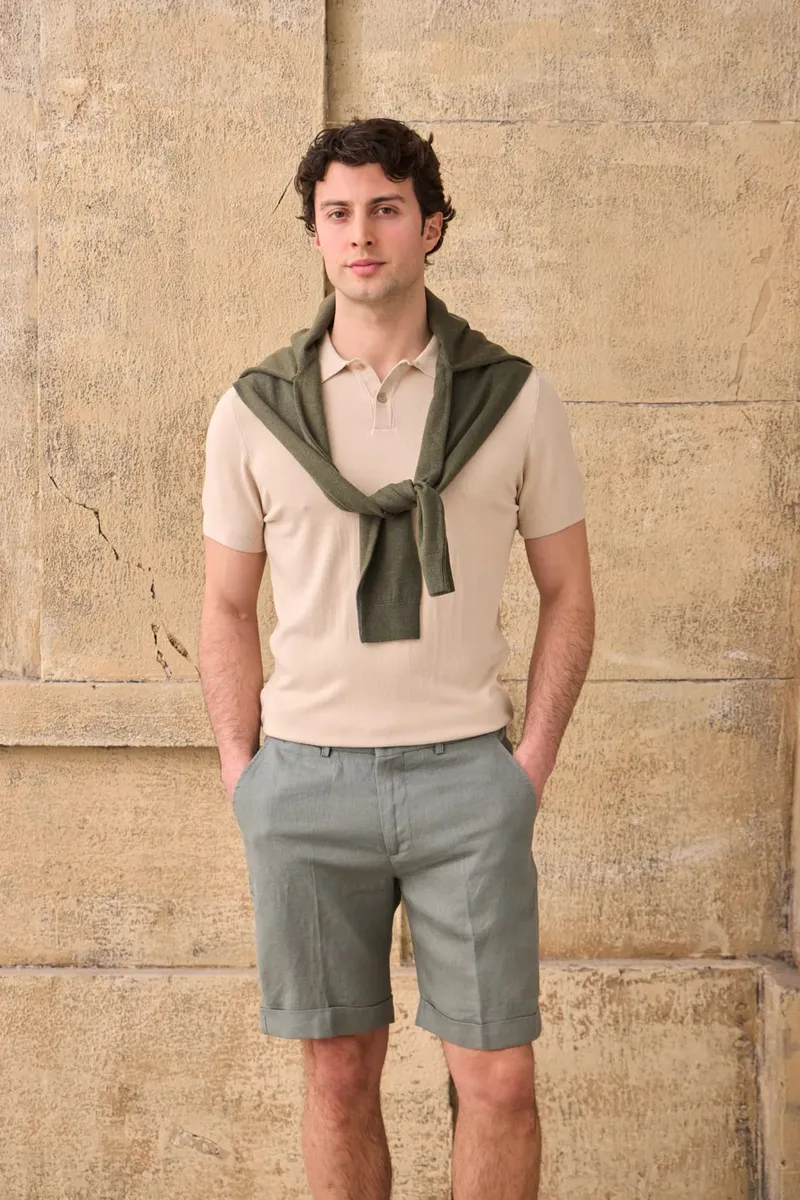 Tricou Polo Bej Tricotat din Amestec de Bumbac M