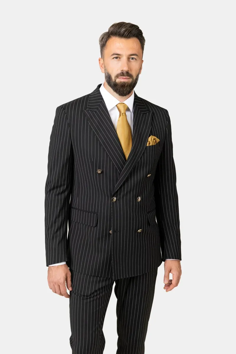 Costum Negru în Dungi Double-Breasted din Lână 52 - imagine 3