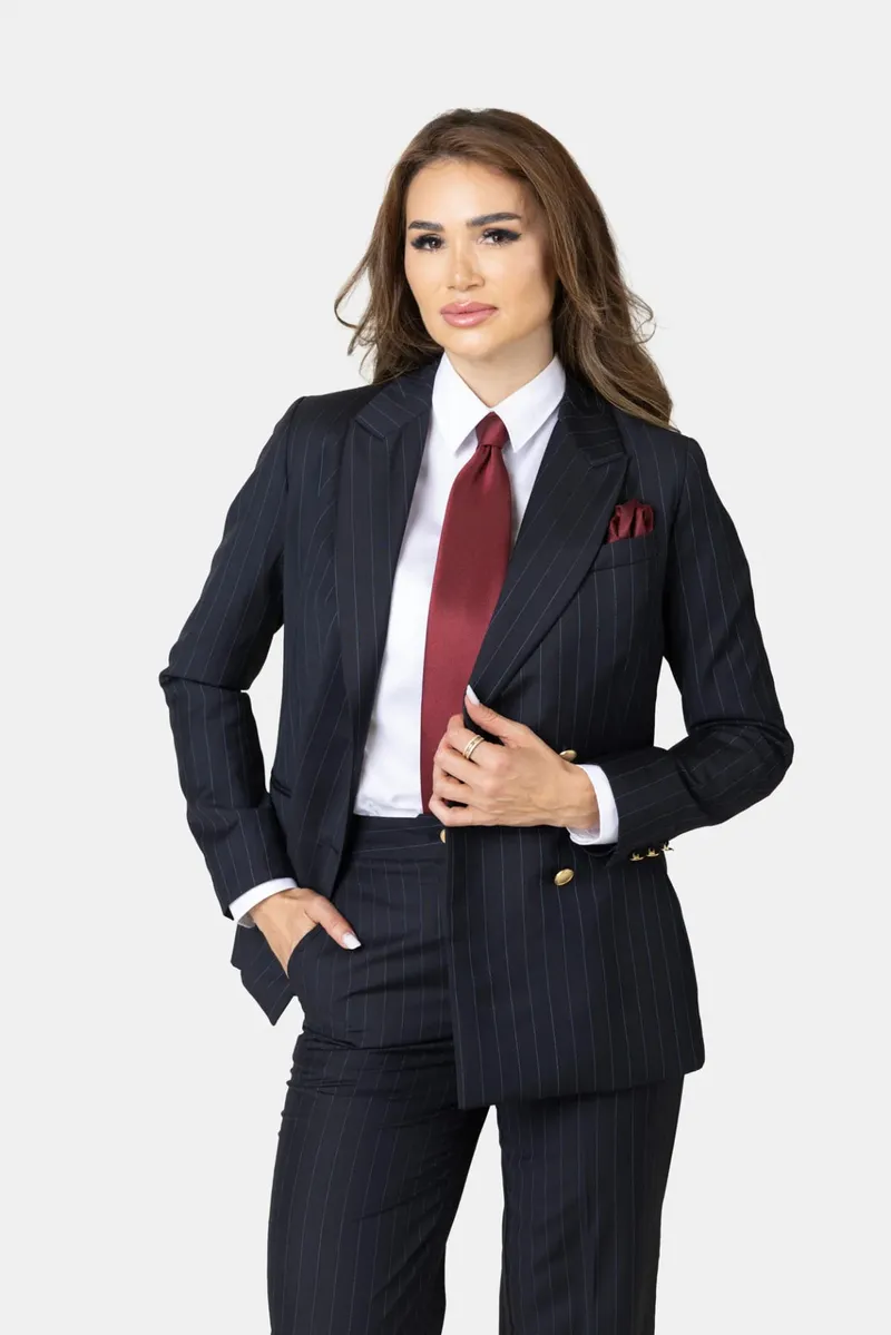 Costum Bleumarin în Dungi din Lână pentru Femei 36 - imagine 3