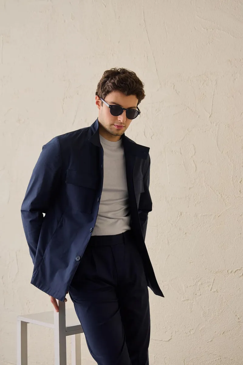 Compleu Bleumarin pentru Bărbați cu Jachetă cu Guler Înalt și Pantaloni 56 - imagine 2