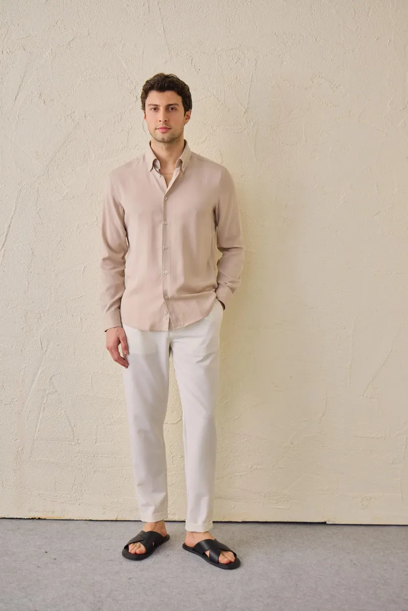 Cămașă Bej Regular Fit din 100% Tencel pentru Bărbați L - imagine 2
