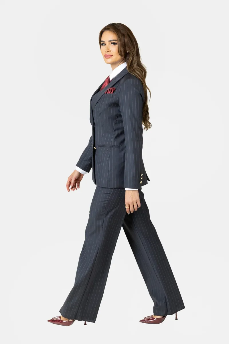 Costum Bleumarin în Dungi din Lână pentru Femei 40 - imagine 2