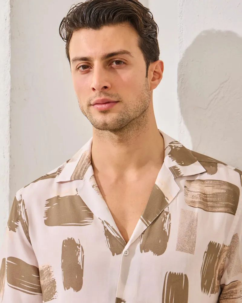 Cămașă Cuban Khaki cu Print Abstract M - imagine 2