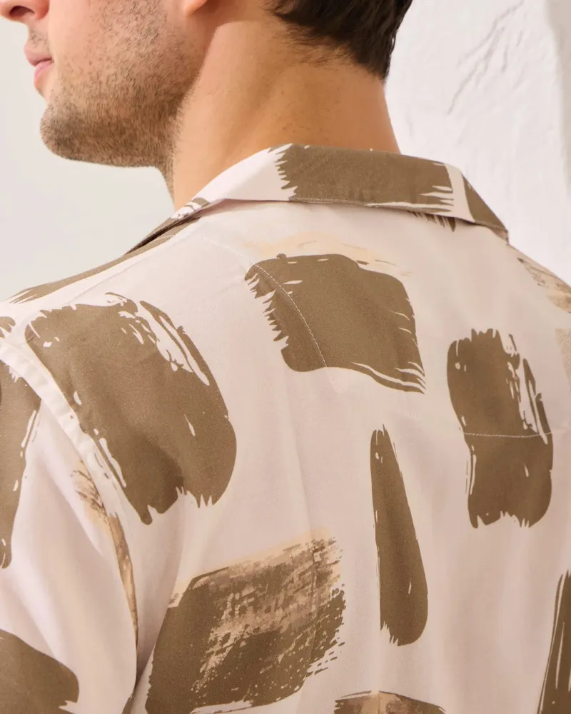 Cămașă Cuban Khaki cu Print Abstract M - imagine 3