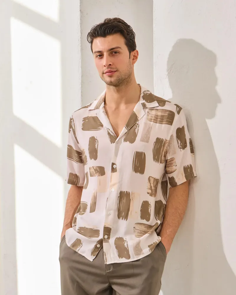 Cămașă Cuban Khaki cu Print Abstract M