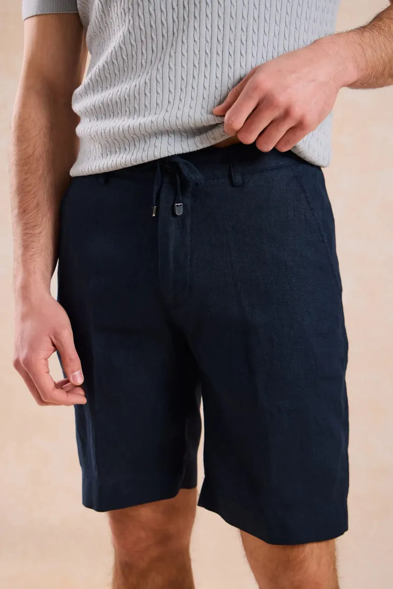 Pantaloni Scurți Bleumarin din In cu Talie Elastică 38